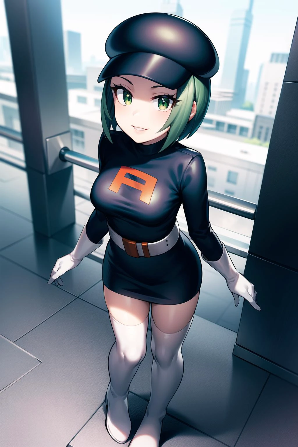 masterpiece, trgrunthgss, 1girl, solo, looking at viewer, smile, short hair, detailed background, thighhighs, gloves, hat, city background, dress, standing, full body, green hair, boots, parted lips, belt, white gloves, green eyes, black dress, zettai ryouiki, eyelashes, black headwear, thigh boots, short dress, white footwear, grey footwear, white belt, grey gloves, team rocket, grey belt, team rocket uniform, from above,<lora:Team_Rocket_Grunt_HGSS:0.7> <lora:more_details:0.3>