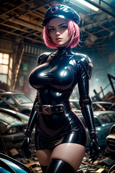 (ultra realistic,32k, masterpiece:1.2),(high detailed skin:1.1),( high quality:1.1)
<lora:Team_Rocket_Grunt_HGSS:0.5>trgrunthgss, short hair, pink hair, (pink eyes:0.5), long sleeves, short bodycon dress, shiny latex dress, thigh highs, ("R" text:1.2), belt, black headwear,,(looking at viewer, sitting, crossed legs:1.1),, (huge breast,large breast,:0.9),<lora:add_detail:0.87>,
(glowwave:1.1) blank background, blurry background