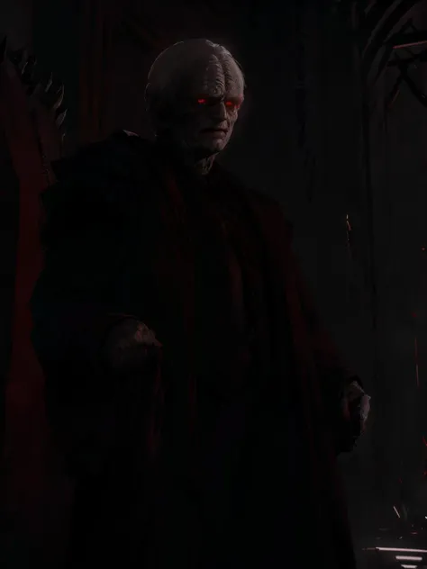<lora:sidiousC-2:1>,a photo of sidi0us standing in a menacing pose,a man,dark red robe without hoodie,intricated,masterpiece,chiaroscuro,illuminated face,spotlight