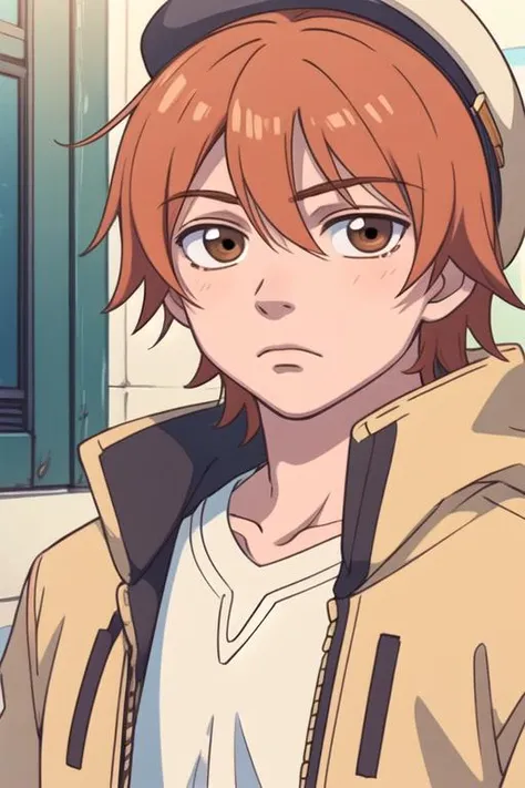 masterpiece, best quality, game cg, 1boy, solo, male focus, looking at viewer, upper body, , anime coloring, , <lora:atsushi_ootani:0.66>, atsushi_ootani, orange hair, brown eyes, parka, pork pie hat, , High definition
