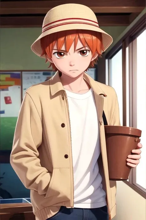 masterpiece, best quality, photorealistic, 1boy, solo, male focus, looking at viewer, , , , , <lora:atsushi_ootani:0.74>, atsushi_ootani, orange hair, brown eyes, , bucket hat, social science fiction, High resolution