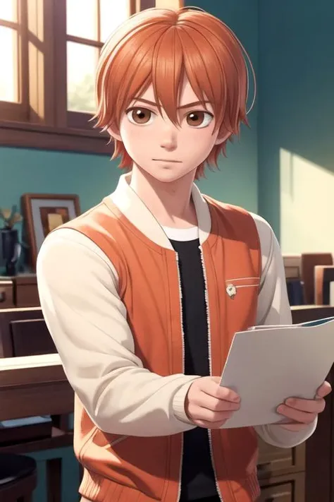 masterpiece, best quality, game cg, 1boy, solo, male focus, looking at viewer, upper body, , , realistic, <lora:atsushi_ootani:0.68>, atsushi_ootani, orange hair, brown eyes, , fantasy, 2k resolution