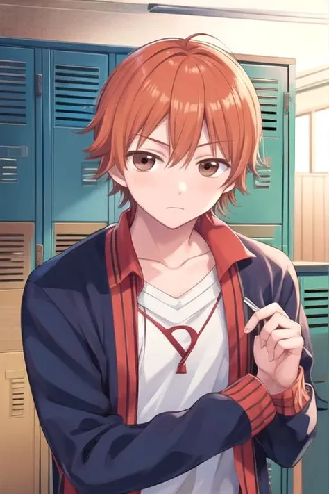 masterpiece, best quality, , 1boy, solo, male focus, looking at viewer, upper body, , anime coloring, , <lora:atsushi_ootani:0.66>, atsushi_ootani, orange hair, brown eyes, captain costume, locker room,