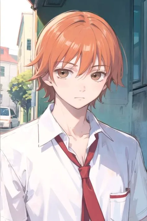 masterpiece, best quality, sketch, 1boy, solo, male focus, looking at viewer, , , anime coloring, realistic, <lora:atsushi_ootani:0.74>, atsushi_ootani, orange hair, brown eyes, convict costume, , Blu-ray