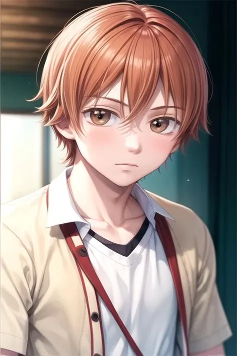 masterpiece, best quality, , 1boy, solo, male focus, looking at viewer, upper body, depth of field, , , <lora:atsushi_ootani:0.74>, atsushi_ootani, orange hair, brown eyes, , , ,