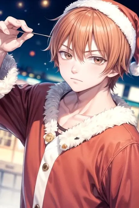 masterpiece, best quality, , 1boy, solo, male focus, looking at viewer, , depth of field, anime coloring, , <lora:atsushi_ootani:0.68>, atsushi_ootani, orange hair, brown eyes, santa claus costume, science fiction western,