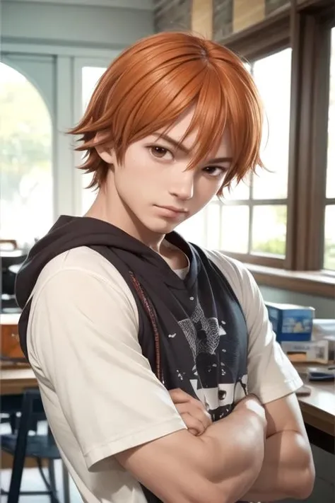 masterpiece, best quality, , 1boy, solo, male focus, looking at viewer, upper body, depth of field, , realistic, <lora:atsushi_ootani:0.68>, atsushi_ootani, orange hair, brown eyes, shorts, scally cap, science fantasy,