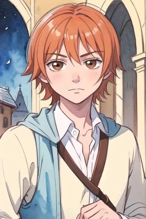 masterpiece, best quality, sketch, 1boy, solo, male focus, looking at viewer, upper body, , (watercolor illustration, soft pastel colors:1.1), , <lora:atsushi_ootani:0.68>, atsushi_ootani, orange hair, brown eyes, , medieval europe,