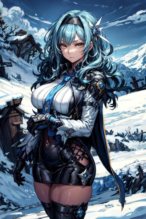thick outlines, comics, photorealistic, perfect hands, masterpiece:1.2, snow, mountain, ice, colorful, standing, 1 girl, solo, <lora:StardustModel:0.8>, pikkyeula, blue hair, bangs, medium hair, yellow eyes, hairband, hair ornament, black hairband, thighhighs, long sleeves, blue necktie, blue cape, black gloves, detailed background, detailed face, detailed eyes, <lora:add_detail:0.8>