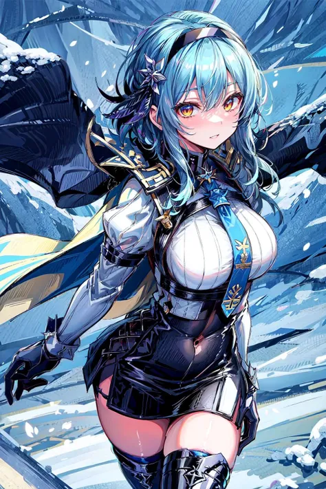 ((masterpiece, best quality)), (1girl),((mature female)), lightblue hair,thighhighs, hairband, thighs, long sleeves, gloves,  bangs, dark golden yellow eyes, medium hair, leotard, hair ornament, black hairband, shoulder cutout, black thighhighs, blue necktie, (large breasts:1.2), (busty),armpits, tying hair,curvy,cleavage,confident, [wide hips],snowing,nature, eula \(genshin impact\), pov