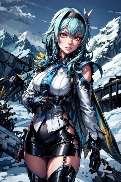 thick outlines, comics, photorealistic, perfect hands, masterpiece:1.2, snow, mountain, ice, colorful, standing, 1 girl, solo, <lora:StardustModel:0.8>, pikkyeula, blue hair, bangs, medium hair, yellow eyes, hairband, hair ornament, black hairband, thighhighs, long sleeves, blue necktie, blue cape, black gloves, detailed background, detailed face, detailed eyes, <lora:add_detail:0.8>