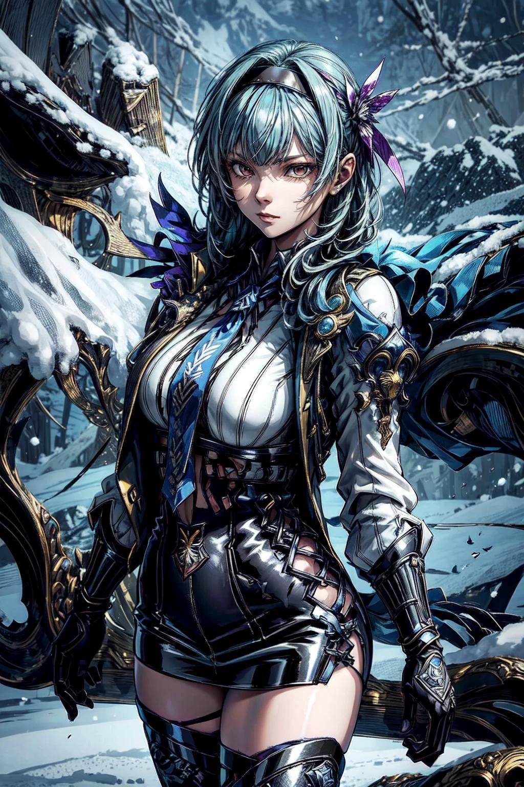 thick outlines, comics, photorealistic, perfect hands, masterpiece:1.2, snow, mountain, lake, ice, colorful, standing, 1 girl, solo, <lora:StardustModel:1>, pikkyeula, blue hair, bangs, medium hair, yellow eyes, purple eyes, hairband, hair ornament, black hairband, necktie, thighhighs, long sleeves, blue necktie, black gloves, detailed background, detailed face, detailed eyes, <lora:add_detail:0.8>