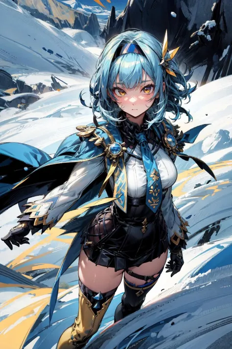 thick outlines, comics, photorealistic, perfect hands, masterpiece:1.2, snow, mountain, ice, colorful, standing, 1 girl, solo, <lora:StardustModel:0.8>, pikkyeula, blue hair, bangs, medium hair, yellow eyes, hairband, hair ornament, black hairband, thighhighs, long sleeves, blue necktie, blue cape, black gloves, detailed background, detailed face, detailed eyes, <lora:add_detail:0.8>