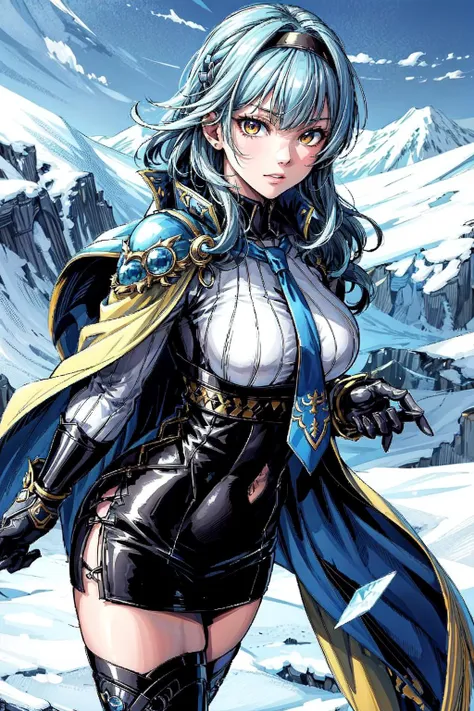 thick outlines, comics, photorealistic, perfect hands, masterpiece:1.2, snow, mountain, ice, colorful, standing, 1 girl, solo, <lora:StardustModel:0.8>, pikkyeula, blue hair, bangs, medium hair, yellow eyes, hairband, hair ornament, black hairband, thighhighs, long sleeves, blue necktie, blue cape, black gloves, detailed background, detailed face, detailed eyes, <lora:add_detail:0.8>