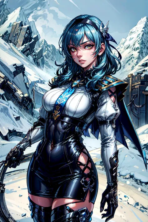 thick outlines, comics, photorealistic, perfect hands, masterpiece:1.2, snow, mountain, ice, colorful, standing, 1 girl, solo, <lora:StardustModel:0.8>, pikkyeula, blue hair, bangs, medium hair, yellow eyes, hairband, hair ornament, black hairband, thighhighs, long sleeves, blue necktie, blue cape, black gloves, detailed background, detailed face, detailed eyes, <lora:add_detail:0.8>