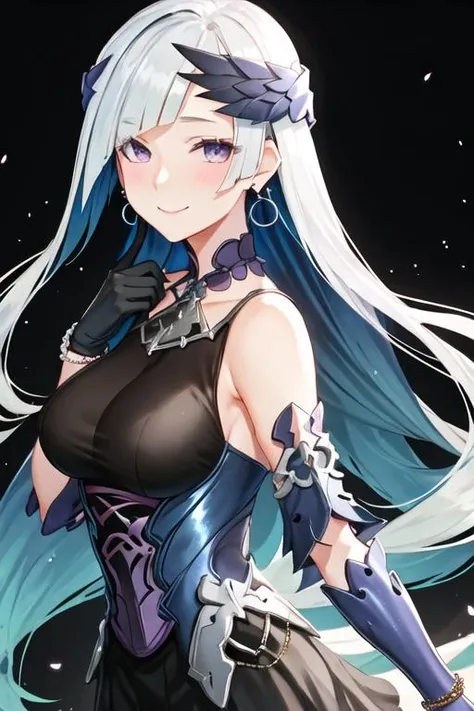best quality, masterpiece, highres, solo, {brynhild_fgo:1.15}, long_hair, purple_eyes, very_long_hair, breasts, bangs, blush, blue_hair, 1girl, gloves, jewelry, looking_at_viewer, see-through, braid, earrings, smile, alternate_costume, black_gloves, dress, single_braid, blue_eyes, bracelet, simple_background, upper_body, white_hair