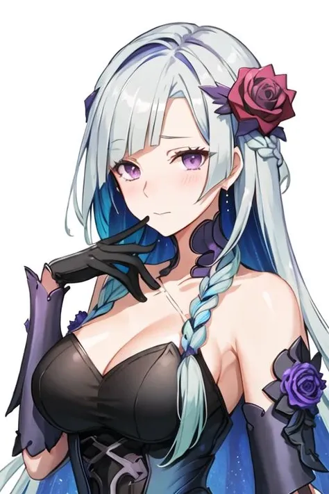 best quality, masterpiece, highres, solo, {brynhild_fgo:1.15}, long_hair, purple_eyes, very_long_hair, breasts, bangs, blush, blue_hair, 1girl, bare_shoulders, flower, hair_flower, hair_ornament, looking_at_viewer, rose, cleavage, collarbone, large_breasts, multicolored_hair, purple_flower, black_dress, black_gloves, closed_mouth, dress, gloves, simple_background, two-tone_hair, asymmetrical_bangs, braid, colored_inner_hair, feathers, upper_body, white_background