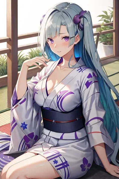 best quality, masterpiece, highres, solo, {yukata:1.40}, {kimono:1.20}, {brynhild_fgo:1.15}, long_hair, purple_eyes, very_long_hair, breasts, bangs, blush, blue_hair