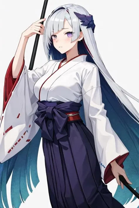 best quality, masterpiece, highres, solo, {white kimono:1.35}, {red hakama:1.35}, {wide sleeves:1.20}, {brynhild_fgo:1.15}, long_hair, purple_eyes, very_long_hair, breasts, bangs, blush, blue_hair