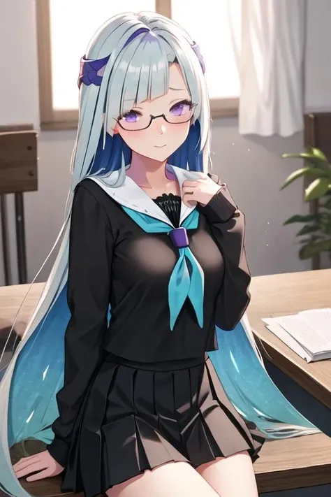 (1girl: 1.2), (classroom: 1.2), (school_uniform: 1.2), (long_hair: 1.2), (school_bag: 1.1), (bag: 1.1), (twintails: 1.1), (sailor_collar), (serafuku), (chalkboard), looking_at_viewer, indoors, shirt, chair, neckerchief, long_sleeves, red_neckerchief, low_twintails, off_shoulder, window, white_legwear, white_shirt, black_sailor_collar, blue_sailor_collar, breasts, pantyhose, bangs, sitting, jacket, blush, open_clothes, thighs, arm_support, open_jacket, medium_breasts, charm_(object), collarbone, parted_lips, very_long_hair, cardigan, day, hair_ornament, tiamat, absurdly long hair, aqua hair, , gradient hair, small breasts, pink eyes, pointy ears, symbol-shaped pupils, (x-shaped pupils:1.5)