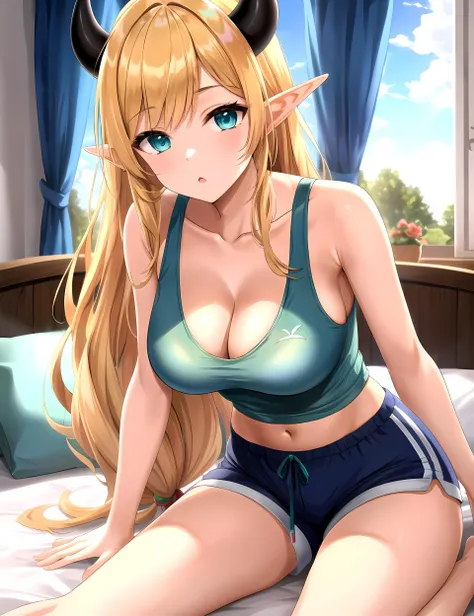 (masterpiece:1.3), (absurdres:1.3), (best quality:1.3), (ultra-detailed:1.3),(best shadow:0.7), (handled hair), pureerosface_v1, perfect anatomy, 1girl, 1boy, solo, <lora:yuzukiChocoHololive_v1:0.3>, yuzuki_choco, (blonde hair, very long hair, aqua eyes, asymmetrical bangs), (elf ears, demon horns), (large breasts, cleavage), black tank top,  <lora:extendedDownblouse_v10:1>, (downblouse, midriff, sport shorts), on bed, bedroom, window, sunlight,  <lora:skinTightTankTopCLOTHING_v120:0.5>,