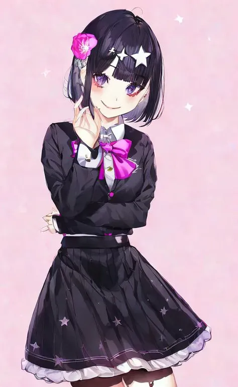 hair flower,star hair ornament,collared shirt,bowtie, short hair,buttons, smile,looking at viewer,black ribbon,by kayahara,solo,blunt bangs,flower,hair ribbon,gradient background,star (symbol), skirt, 1girl, silver hair