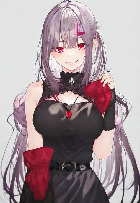 1girl, by kayahara, smile, long hair, dark dress, upper body, red pendant