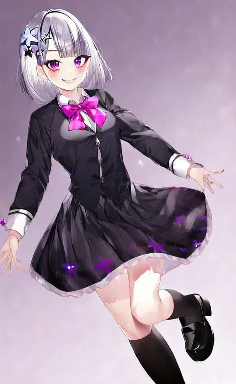 hair flower,star hair ornament,collared shirt,bowtie, short hair,buttons, smile,looking at viewer,black ribbon,by kayahara,solo,blunt bangs,flower,hair ribbon,gradient background,star (symbol), skirt, 1girl, silver hair