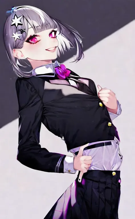 hair flower,star hair ornament,collared shirt,bowtie, short hair,buttons, smile,looking at viewer,black ribbon,by kayahara,solo,blunt bangs,flower,hair ribbon,gradient background,star (symbol), skirt, 1girl, silver hair