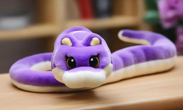 <lora:plushstuffedcd_xl-000006:0.8>,a (plushstuffedcd_xl,plush stuffed toy:1.2) snake,purple theme,standing on a table,chinese zodiac,solo,in office,long-focus,tilt-shift,miniature,cute and lovely,still life,from front,looking at viewer,no humans, emotional,harmonious,high budget,moody,epic,gorgeous,perfect lighting,realistic,photorealistic,photographic,photo (medium),real,moody lighting,volumetric lighting,reality ray tracing,8K,HDR,UHD,masterpiece,best quality,highly detailed,high resolution,finely detail,extremely detailed,ultra detailed,wallpaper