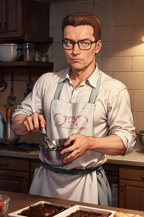 (masterpiece, best quality, 4k, detailed, intricate, realistic),IncrsChocoMaker,male focus,mature male,hank hill,angry,glasses,fat,balding,whisk, apron, food on face, kitchen, chocolate on body  <lora:ChocolateMaking:0.8>  <lora:hank_hill_sd_1.5_v1:0.8>