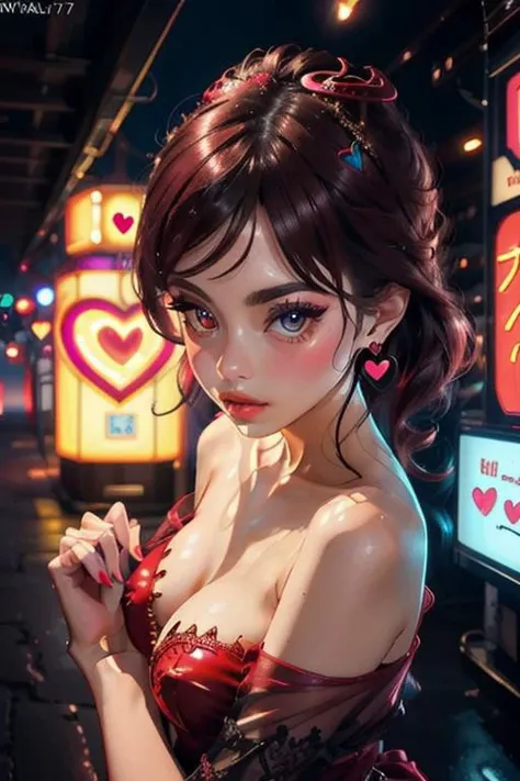 score_9, score_8, score_7, high quality, intricate details, high quality, high resolution, sharp focus, depth of field,  big eyes, cute nose, full lips, eye liner, blush, off shoulder, bare shoulders, very thin, pretty, medium breasts. nipple slip, long dark hair, small neon red heart earrings, Katie, Details++,,  elegant 22yo girl undressing in love hotel