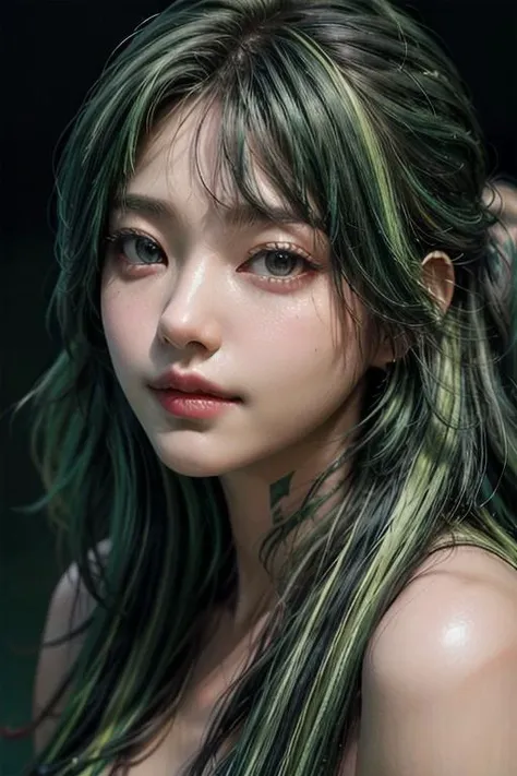 (RAW photo, best quality), (masterpiece:1.2), (realistic, photo-realistic:1.3), best quality, highres, extremely detailed CG, perfect lighting, 8k wallpaper, Amazing, finely detail, ultra-detailed,
a girl, green streaked hair, black hair, slightly smiling, in the lh_room