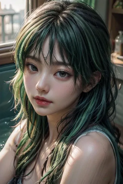 (RAW photo, best quality), (masterpiece:1.2), (realistic, photo-realistic:1.3), best quality, highres, extremely detailed CG, perfect lighting, 8k wallpaper, Amazing, finely detail, ultra-detailed,
a girl, green streaked hair, black hair, slightly smiling, in the lh_bathtub