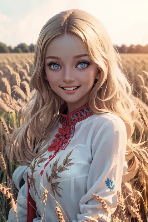 professional photo of  of bb, Embroidery, russia, red blue yellow, intricate, detailed, detailed skin, detailed eyes, photo made with Canon EOS, volumetric light, wheat field, popular on artstation, popular on deviantart, popular on flicker, <lora:Embroidery:0.6> ,smile,<lora:barbarabouchet_SD15_v02-000006:0.9>