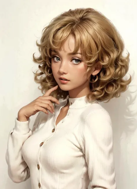 bb with curly bonde hair wearing a handknitted skintight turtleneck full closed suit posing with one hand behind her head in front of a white wall background with her casted shadow <lora:barbarabouchet_SD15_v041-000008:0.7>