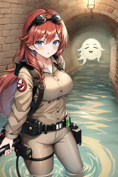 (sewer:1.2), wading, 1girl, goggles on head, long hair, large breasts, (ghostbuster uniform), ghost, brick wall, khaki pants, red hair, blue eyes, protopack, <lora:Sewer:0.8>, <lora:Ghostbuster5:0.6>