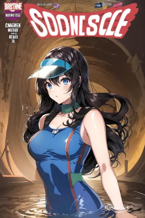 (sewer:1.2), wading, 1girl, bodysuit, visor cap, long hair, large breasts, (comic cover), dark, <lora:Sewer:0.8>, <lora:Comic-10:0.6>