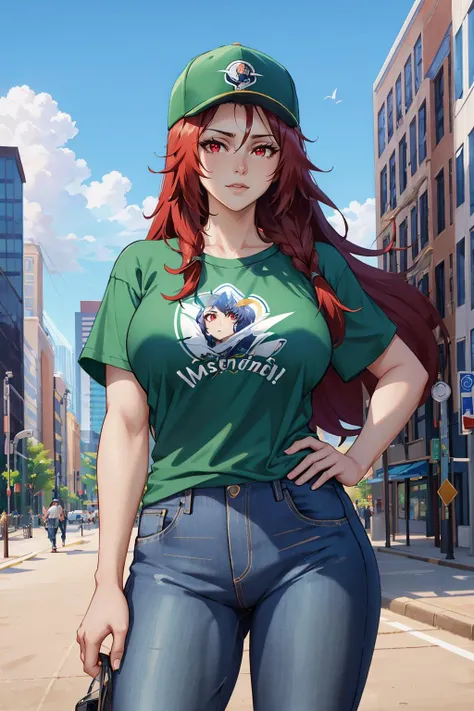 masterpiece, best quality,  <lora:irismidgar-nvwls-v1-000009:0.8> iris midgar, green t-shirt, jeans, large breasts, baseball cap, standing, cityscape, blue sky, looking at viewer, red eyes