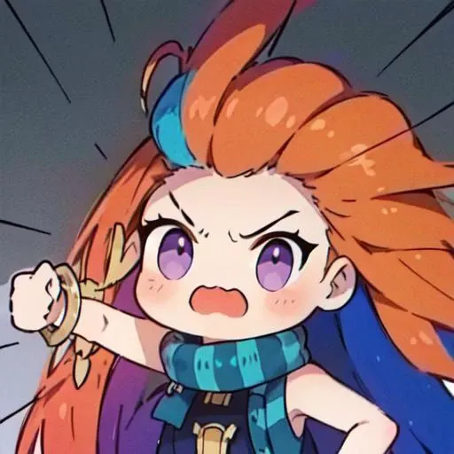 masterpiece, best quality, illustration,,(tiemie),chibi,simple background, 
 (disheveled hair),[orange hair:purple buttom hair:0.8],forehead,zoe,long hair,multicolored hair,blue and purple  eyes,open open mouth, angry, fist,