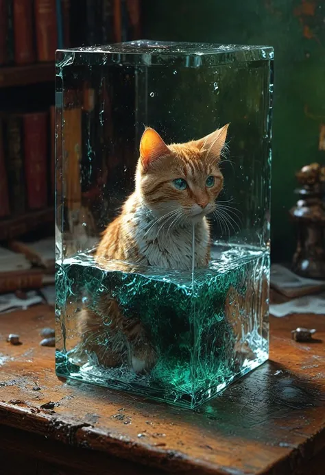 A blonde adult cat is stuck in a water flow glass cube in a room with Green tile. The glass door goes from floor to ceiling. The door is closed. historic rendering of an old lighthouse, square spaceship , digital artwork by Beksinski, vibrant colors in the darkness, retro style dark techno background with Their faces, intricate details, photo taken on hasselblad, cameron, flat surrealism, ultra detailed, cell shaded, 8k. The composition includes overlapping circles, sharp-edged polygons, and fluid lines, all interwoven to create a sense of rhythm and flow. dark but detailed digital art, digital horror artwork, cracking glass through reality, the tesseract, made of diamond, a close up of a large ice cube on a table, digital art inspired by Michal Karcz, unsplash, digital art, close up of single sugar crystal, glinting particles of ice, ashes crystal, crystal particles, crystal material, water particules,