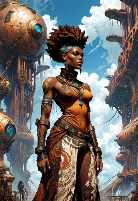 A modern African woman wearing a (modest casual outfit:1.00), stands in the steampunk atrium, African tribal elements combined with futuristic elements, alien landscape outside, clouds in the sky, intricate detail, post-apocalyptic elements, cyberpunk, comic book illustration, NEGATIVE_HANDS