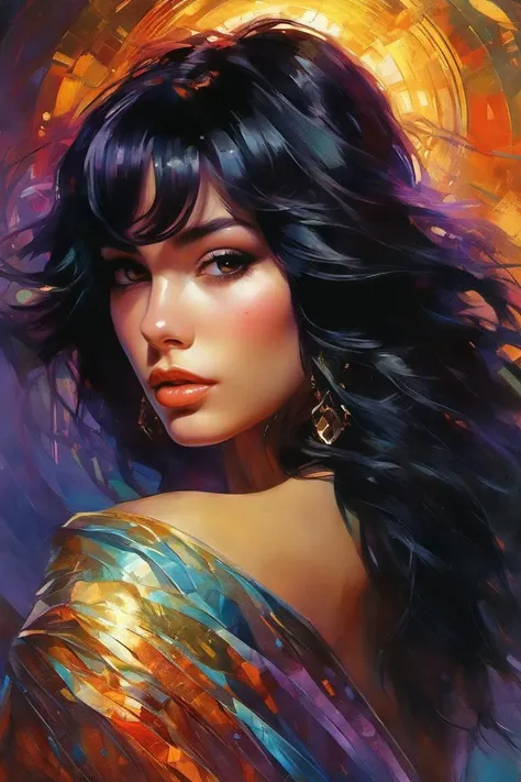 girl with iridescent black hair, beautiful highly detailed face, complementary lighting, backlit, eyeshadow, divine, dramatic lighting, landscape background, beautiful painting by artgerm and greg rutkowski and raymond swanland