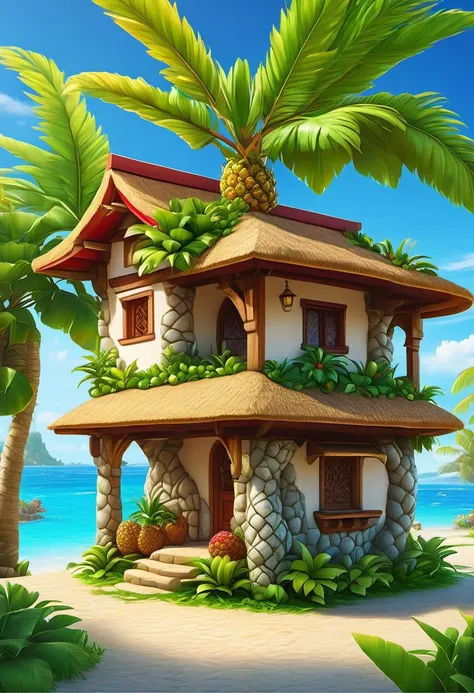 4k resolution, intricately detailed, trending on artstation, ((best quality)), ((highly detailed)), masterpiece, scenery, no humans,
outside, Delfino_Plaza, small fruit red stand,made of stone and wood, pineapples, coconuts, palm tree, small house, clear blue sky, realistically detailed, HDR, ,Delfino_Plaza,eonn