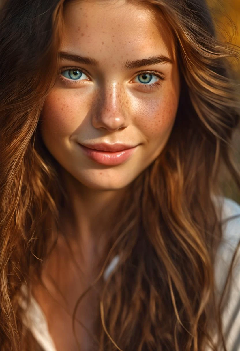 Young beautiful woman, long hair, elegant, too beautiful, highly detailed deep colours highly realistic, natural skin, light freckles, beautiful, full lips, a minuscule amount of clothing, smiling, feeling of lightness and joy, hyperrealism,