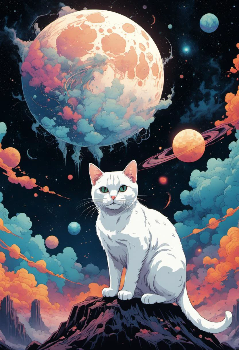 a lost white cat, the style of 90's vintage anime, surrealism, akira style. detailed line art. fine details. inside an exploding nebula, solid lines, vibrant colors, surreal lunar style. vintage anime (nostaliga-core), lofi cozy, <lora:xl_more_art-full_v1:1>