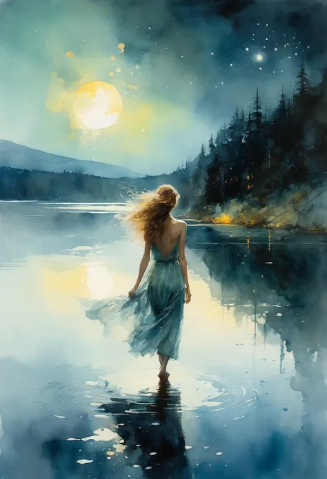 Watercolor painting of morning, highland lake, enchanted fairy tale, shining in the neon light, deep universe sky, style of (Jeremy Mann, Louis Icart, Valentin Serov, Makoto Kobayashi, Karol Bak) <lora:xl_more_art-full_v1:0.35>