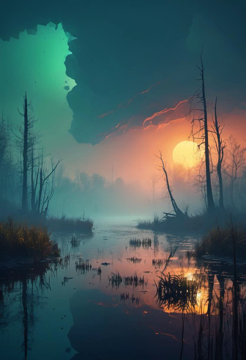 artistic swamp with mystic fog, water on the foreground, from horror movies, dark atmosphere, artstation, low poly vegetation, fisher with fishing rode <lora:xl_more_art-full_v1:0.35> in Brooding landscapes, epic scale, German myth, layered symbolic density