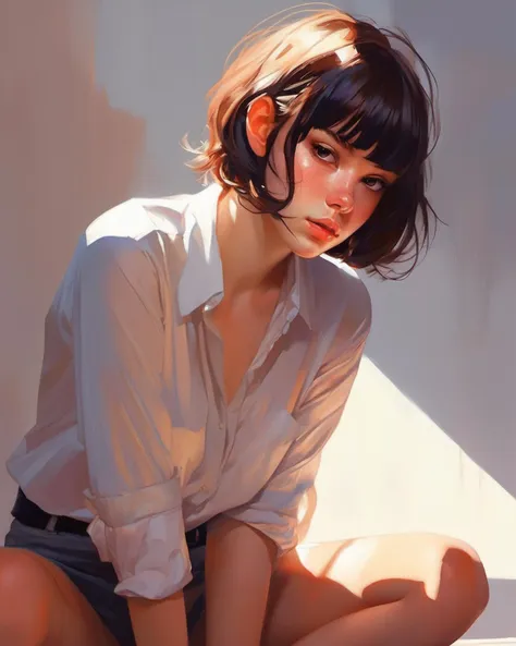 1 girl , leaning forward, detailed face, 
Latino, messy short hair, 
semi-transparent shirt, oversized shirt, cleavage, 
shadow, dramatic lighting 
(masterpiece, best quality, ultra realistic,detail skin :1.5),
  ( by Ilya Kuvshinov)