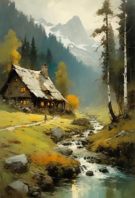 landscape painting of a homestead, nordic elven adventurers, cozy valley, broadleaf forest, ferrotype defects, style of (Jeremy Mann, Louis Icart, Valentin Serov, Makoto Kobayashi, Karol Bak) <lora:xl_more_art-full_v1:0.5>